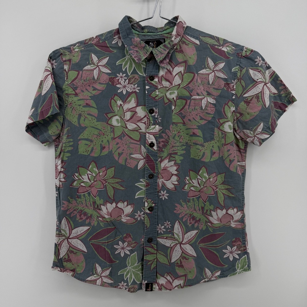 Hinano Button Down Shirt Mens M Blue Floral Cotton Short Sleeve Tropical Aloha